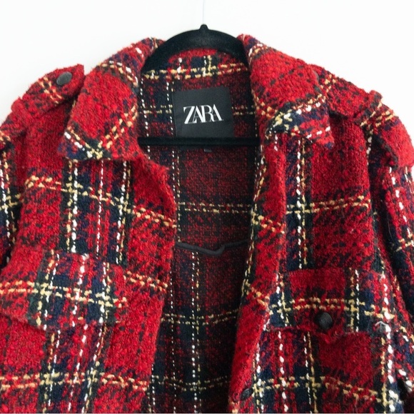 Zara Red Textured Tweed Oversized Shacket - Picture 6 of 12
